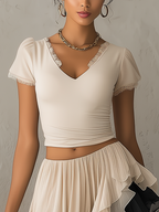 Beige Lace Patchwork Top And Contrast Layered Chiffon Skirt Set