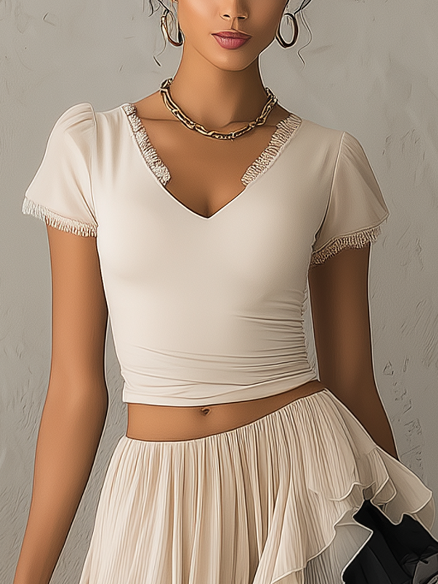 Beige Lace Patchwork Top And Contrast Layered Chiffon Skirt Set