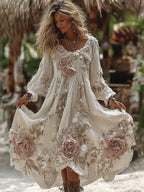 Women's Vintage Romantic White Rose Embroidery Art Comfy Linen Maxi Dress