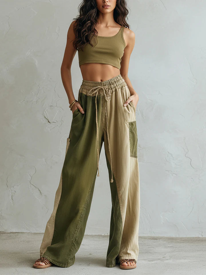Vintage Color-Block Denim Wide-Leg Pants