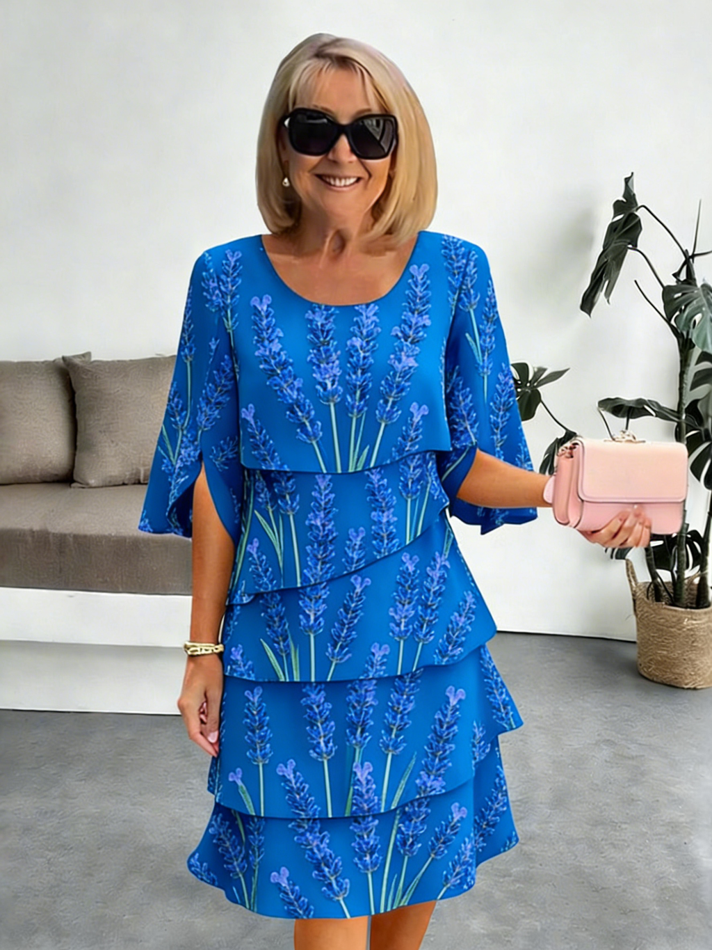 Lavender Chiffon Vacation Prints Color Round Neck Cake Skirt Splicing Dress Mid-length