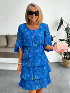 Lavender Chiffon Vacation Prints Color Round Neck Cake Skirt Splicing Dress Mid-length