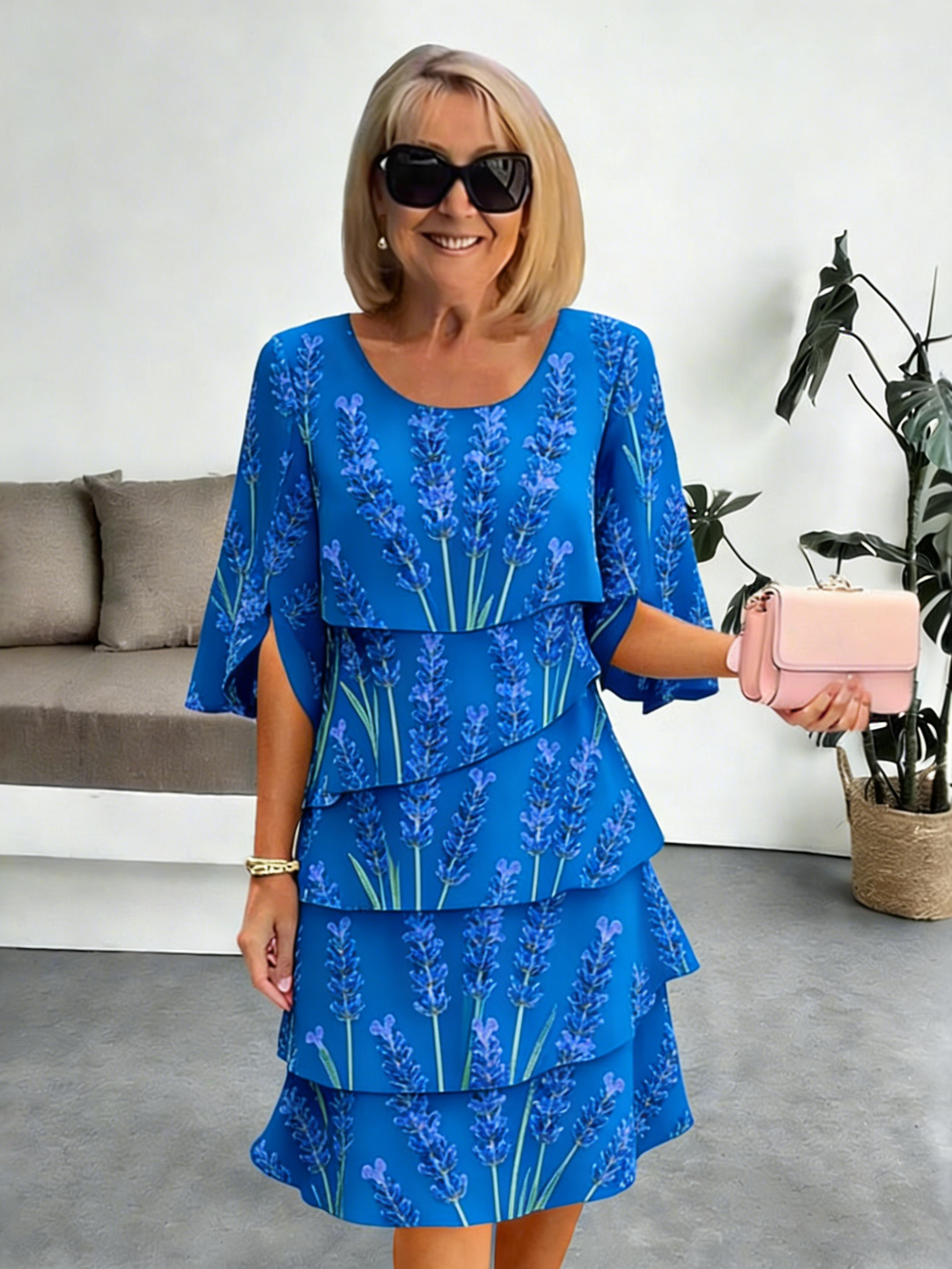 Lavender Chiffon Vacation Prints Color Round Neck Cake Skirt Splicing Dress Mid-length