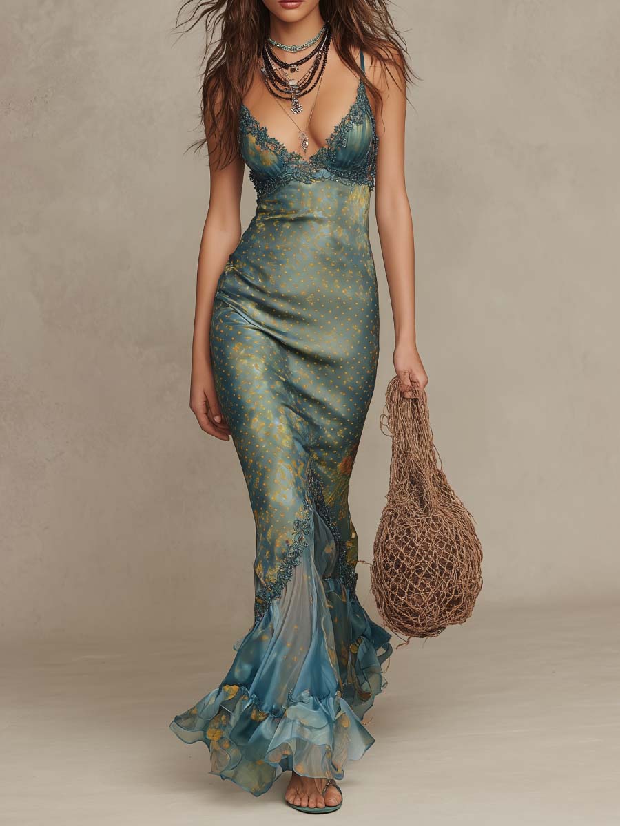 Bohemian Lace-Trimmed Satin Mermaid Maxi Dress