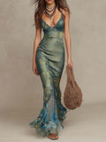 Bohemian Lace-Trimmed Satin Mermaid Maxi Dress