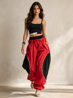 Dual-Waistband Red & Black Colorblock Baggy Cargo Pants