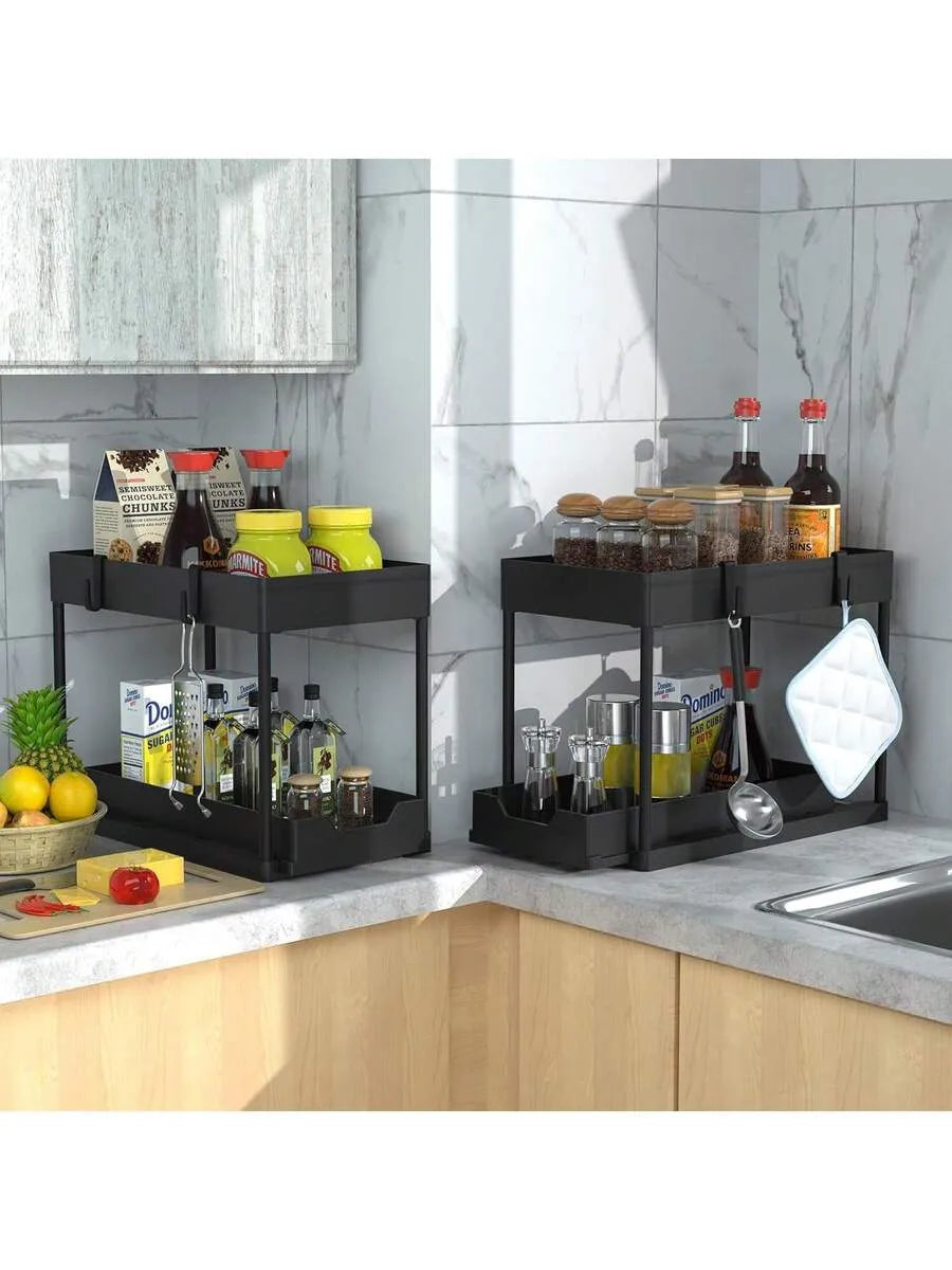 Double-sliding cabinet basket storage rack with 5 hooks and 2 hanging baskets, ideal for under-counter kitchen storage.