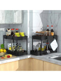 Double-sliding cabinet basket storage rack with 5 hooks and 2 hanging baskets, ideal for under-counter kitchen storage.