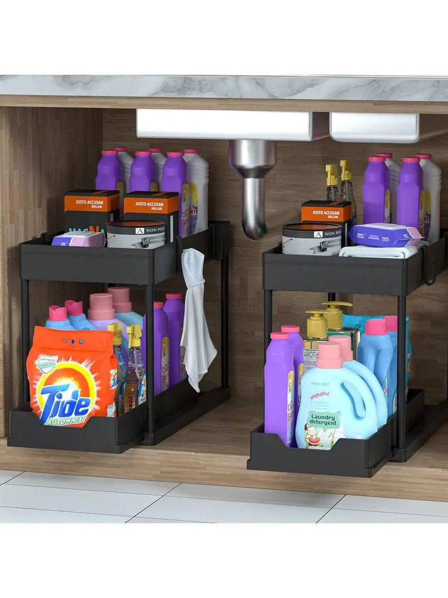 Double-sliding cabinet basket storage rack with 5 hooks and 2 hanging baskets, ideal for under-counter kitchen storage.