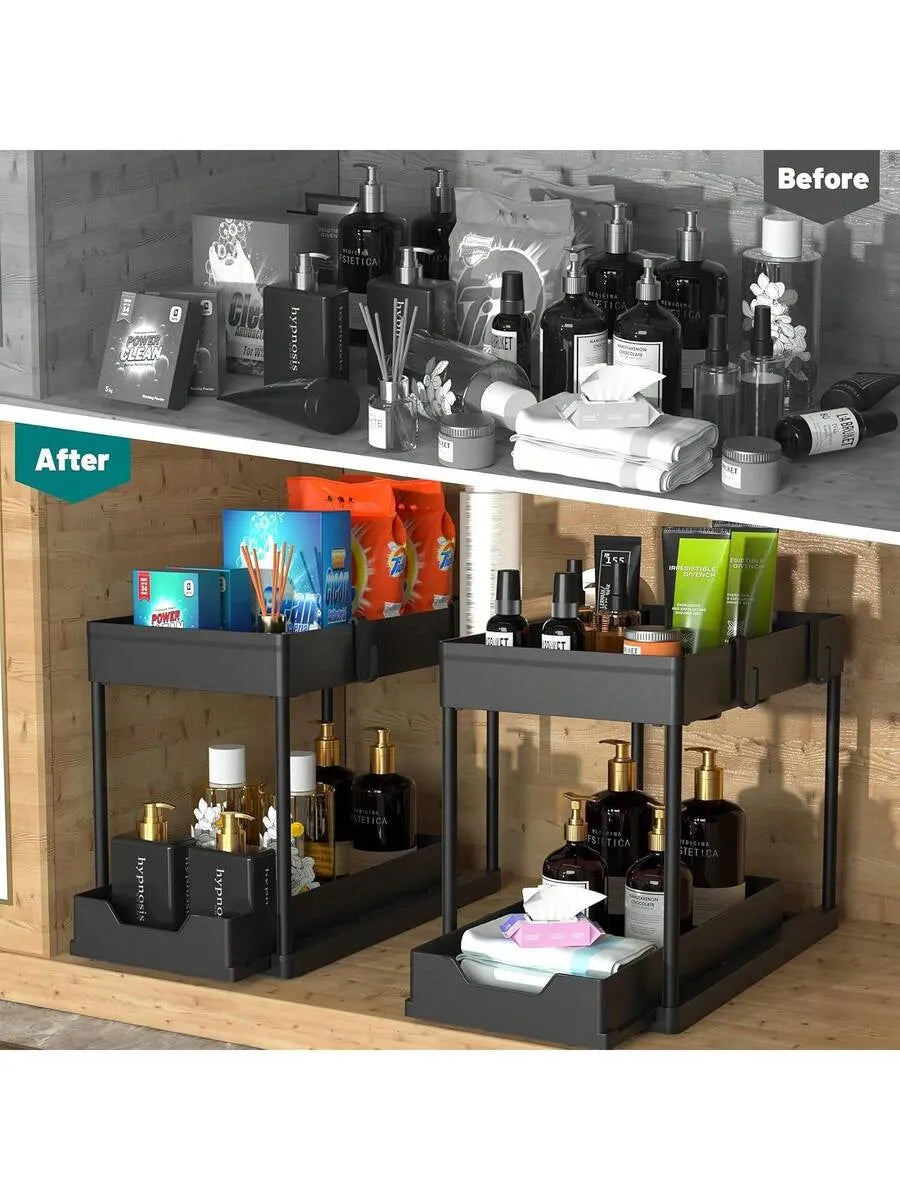Double-sliding cabinet basket storage rack with 5 hooks and 2 hanging baskets, ideal for under-counter kitchen storage.