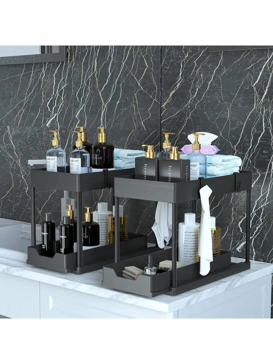 Double-sliding cabinet basket storage rack with 5 hooks and 2 hanging baskets, ideal for under-counter kitchen storage.