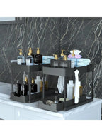 Double-sliding cabinet basket storage rack with 5 hooks and 2 hanging baskets, ideal for under-counter kitchen storage.