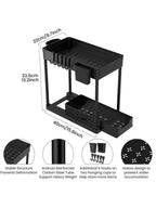 Double-sliding cabinet basket storage rack with 5 hooks and 2 hanging baskets, ideal for under-counter kitchen storage.