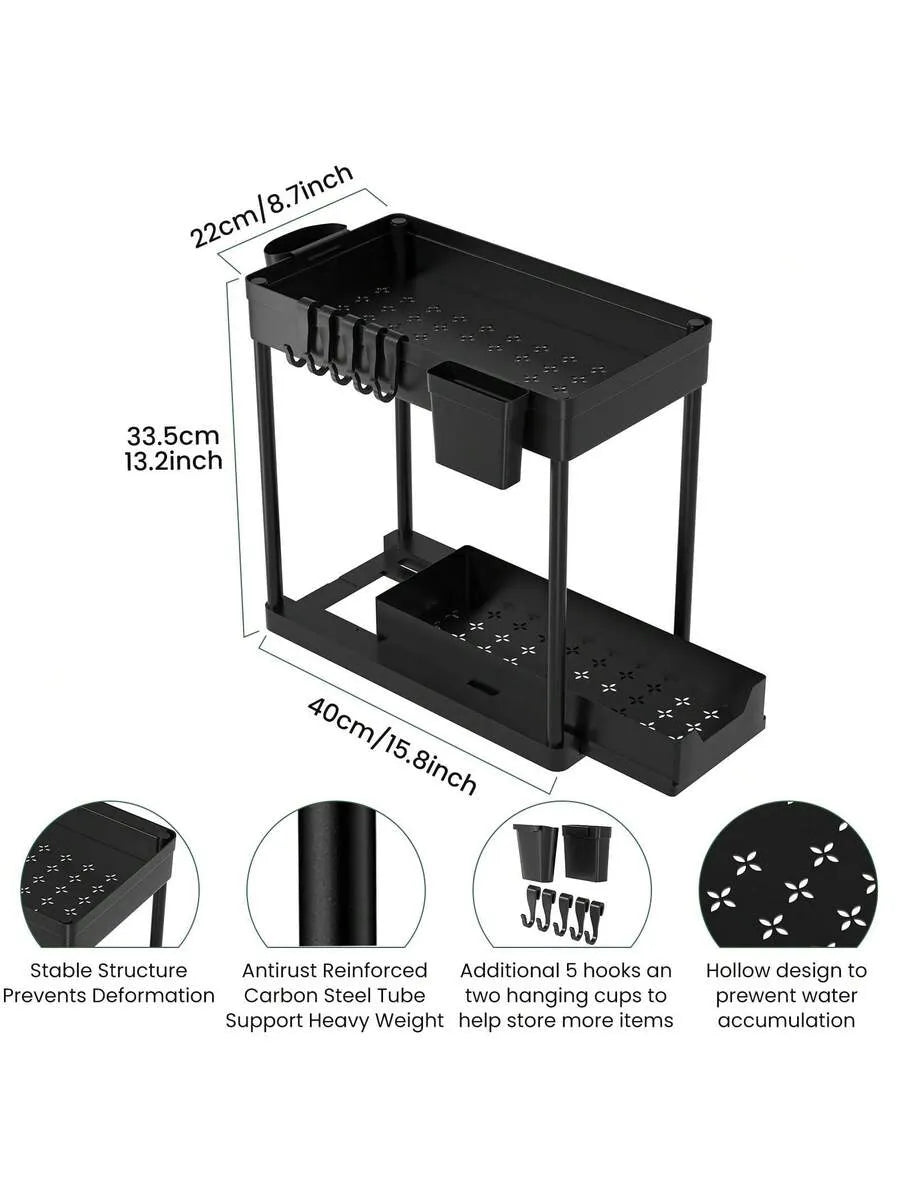 Double-sliding cabinet basket storage rack with 5 hooks and 2 hanging baskets, ideal for under-counter kitchen storage.