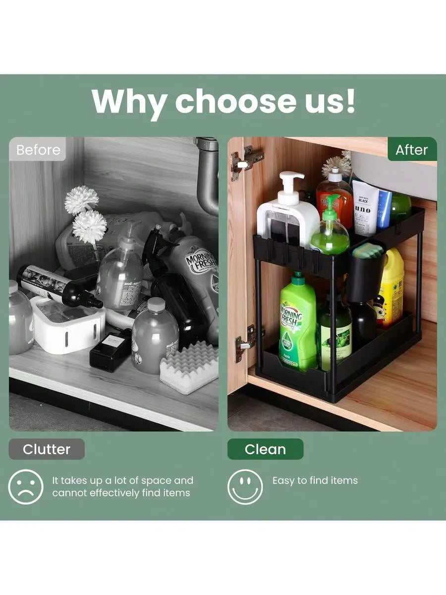 Double-sliding cabinet basket storage rack with 5 hooks and 2 hanging baskets, ideal for under-counter kitchen storage.