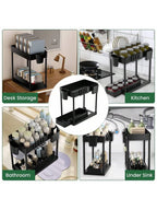Double-sliding cabinet basket storage rack with 5 hooks and 2 hanging baskets, ideal for under-counter kitchen storage.