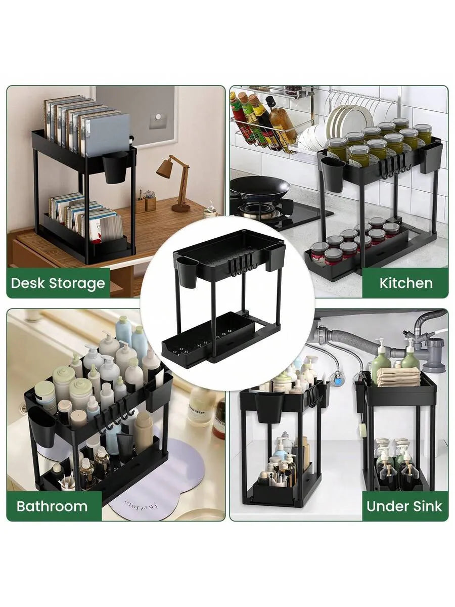 Double-sliding cabinet basket storage rack with 5 hooks and 2 hanging baskets, ideal for under-counter kitchen storage.